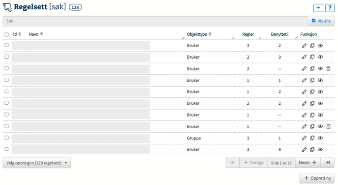 Figur 3 — Et søk som viser alle regelsett. Under treffene finner man knapp for å opprette nytt regelsett og søkenavigasjon